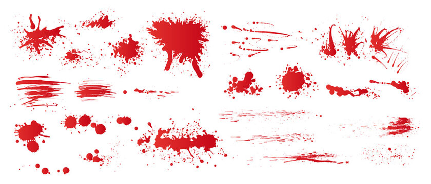 Set of realistic bloody splatters. Drop and blob of blood. Bloodstains. Isolated. Vector illustration