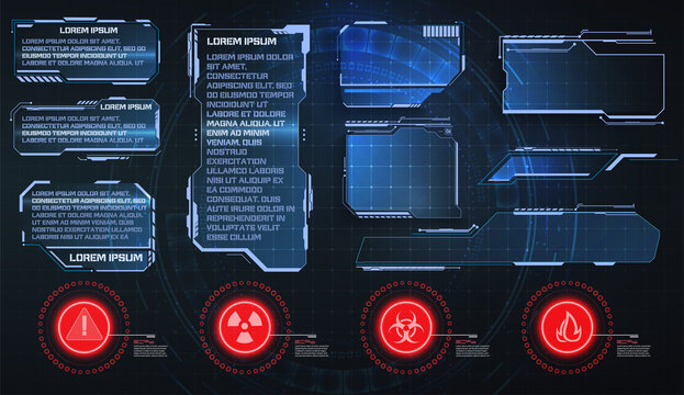 HUD, UI, GUI futuristic frame user interface screen elements set. Set with call outs communication. Abstract control panel layout design. Virtual hi Scifi technology gadget interface for game app