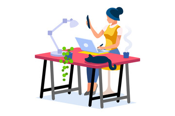 Talking online, concept of working at home. Character sitting at the office looking screen on the desk. Office character working online. Woman at home sitting looking for work. Flat Vector