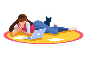 Talking online, concept of working at home. Character sitting at the office looking screen on the desk. Office character working online. Woman at home sitting looking for work. Flat Vector