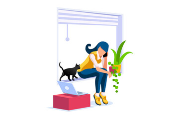 Talking online, concept of working at home. Character sitting at the office looking screen on the desk. Office character working online. Woman at home sitting looking for work. Flat Vector
