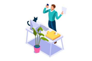 Talking online, concept of working at home. Character sitting at the office looking screen on the desk. Office character working online. Man at home sitting looking for work. Flat Vector Illustration