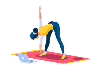 Girl wellness, sports at home by workout doing. Healthy workout for the body, home indoor sports for female wellness. Training female indoors for body health concept. Cartoon style vector illustration