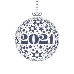 New Year 2021 with Christmas ball in minimalistic style isolated on white background. Template for Invitation with place for text message. Vector illustration.