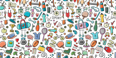 Healthy Lifestyle Background. Sport and activity. Fintess design elements. Seamless Pattern