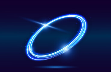 Circle neon light effect isolated on dark background, round light lines in blue neon color. Abstract background for science, futuristic, energy, techno