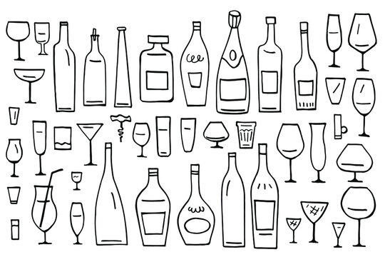 Vector set of cartoon wine bottles and wineglasses. 