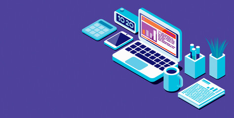 Isometric business desktop with laptop and stationery