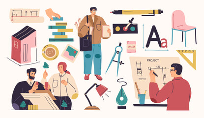 Collection of male and female architects and construction engineers working on architecture project. Vector illustration