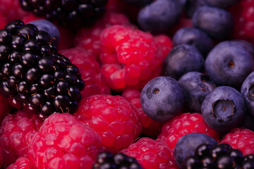 Fresh berries composition. Raspberries, blackberries and blueberries on black background. Tasty looking organic fruits covered with dew.