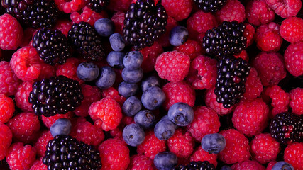 Fresh berries composition. Raspberries, blackberries and blueberries on black background. Tasty looking organic fruits covered with dew.