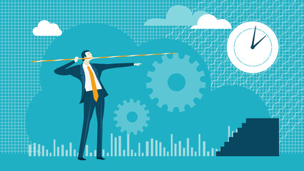 Businessman aims a target. Time is money. Finance industry background with business people working and solving the problems, workflow management. Leadership and business concept flat design.
