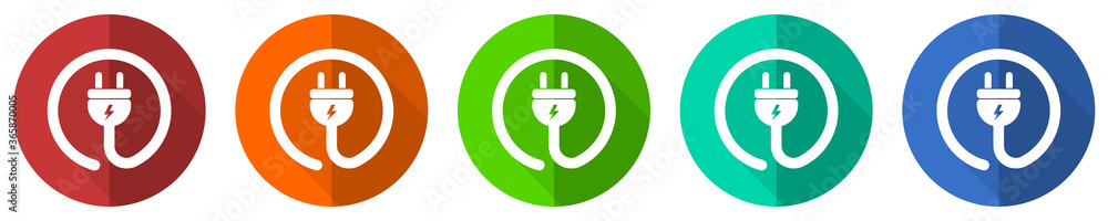 Poster plug power icon set, red, blue, green and orange flat design web buttons isolated on white backgroun