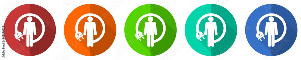 Poster android charging wire icon set, humanoid robot, red, blue, green and orange flat design web buttons 
