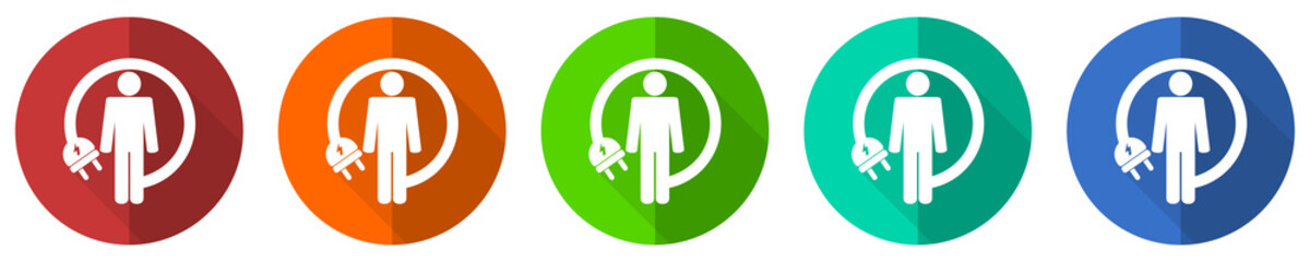 Android charging wire icon set, humanoid robot, red, blue, green and orange flat design web buttons isolated on white background, vector illustration