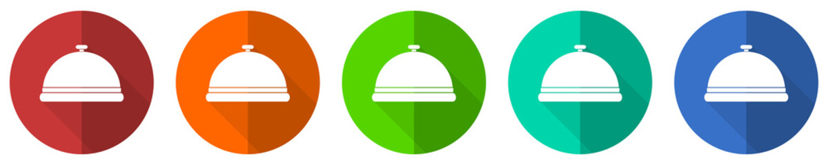 Restaurant icon set, food service, red, blue, green and orange flat design web buttons isolated on white background, vector illustration