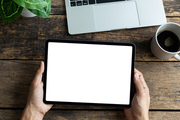 Mockup image tablet, man hand holding tablet pc with blank white screen
