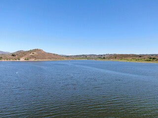 Aerial view of Inland Lake Hodges and Bernardo Mountain, great hiking trail and water activity in Rancho Bernardo East San Diego County, California, USA 