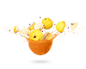 Sliced quince with splash of fresh juice on a white background © Krafla