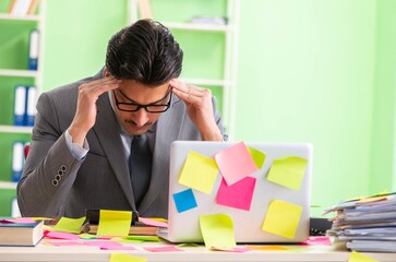 Businessman unhappy with many conflicting priorities sitting in