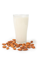Close Up glass of Almond milk with Almond seeds.  on white background