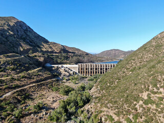 Aerial view of Lake Hodges Dam surrounded by Bernardo Mountain, Rancho Bernardo, East San Diego County, California, USA 