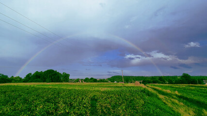 rainbow on a background of blue sky and green grass landscape