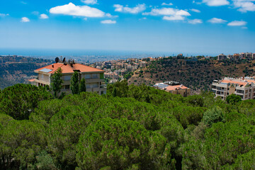 Lebanon mountain region with Beirut and Mediterranean sea in the distance