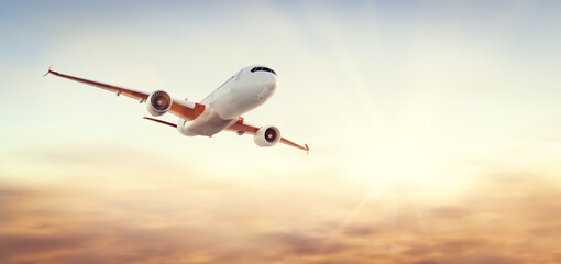 Airplane flying above clouds at sunset