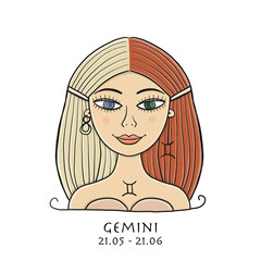 Illustration of Gemini zodiac sign. Element of Air. Beautiful Girl Portrait. One of 12 Women in Collection For Your Design of Astrology Calendar, Horoscope, Print.
