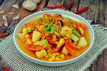 Hot and spicy mixed fruits salad. Thai food.