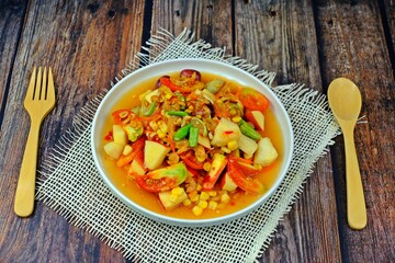 Hot and spicy mixed fruits salad ready to serve. Thai food.