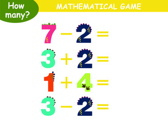 examples of addition and subtraction with dinosaurs. educational page with mathematical examples for children.