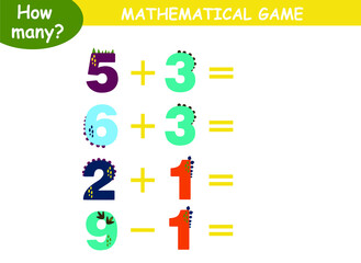 examples of addition and subtraction with dinosaurs. educational page with mathematical examples for children.