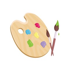 Wooden art palette with two paintbrushes and red, blue, yellow, green, purple paints isolated on a white background. Icon of painting materials or school supplies. Vector illustration in cartoon style