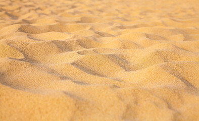Yellow sand. Deserted beach. Sand texture. Close-up.