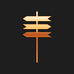 Gold Road traffic sign. Signpost icon isolated on black background. Pointer symbol. Street information sign. Direction sign. Long shadow style. Vector.