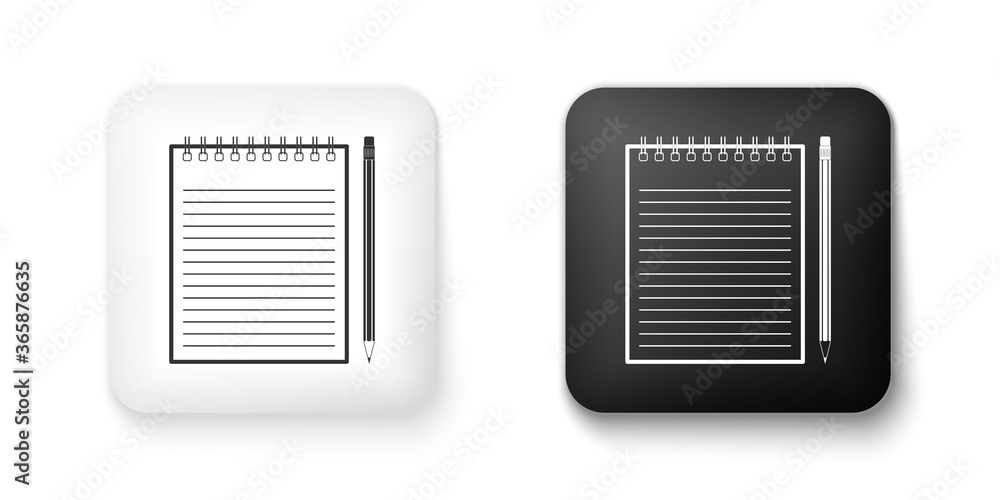 Poster black and white blank notebook and pencil with eraser icon isolated on white background. square butt