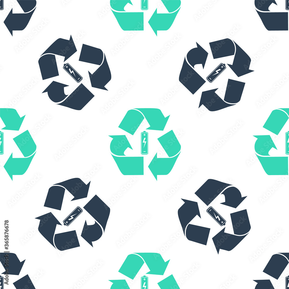 Poster green battery with recycle symbol icon isolated seamless pattern on white background. battery with r