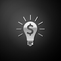 Silver Light bulb with dollar symbol icon isolated on black background. Money making ideas. Fintech innovation concept. Long shadow style. Vector.