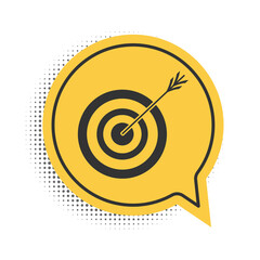 Black Target with arrow icon isolated on white background. Dart board sign. Archery board icon. Dartboard sign. Business goal concept. Yellow speech bubble symbol. Vector.