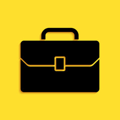 Black Briefcase icon isolated on yellow background. Business case sign. Business portfolio. Long shadow style. Vector.
