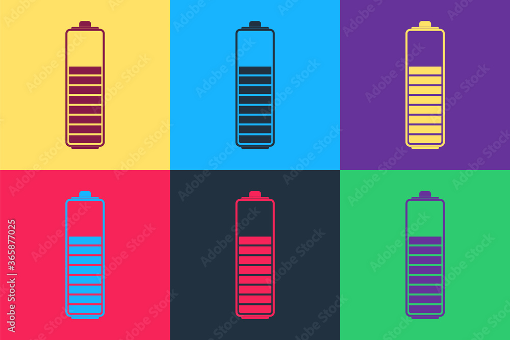 Poster pop art battery charge level indicator icon isolated on color background. vector.