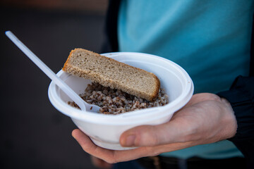 soldier's buckwheat porridge-treat at the Victory Day