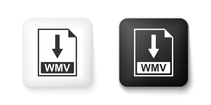 Black and white WMV file document icon. Download WMV button icon isolated on white background. Square button. Vector.