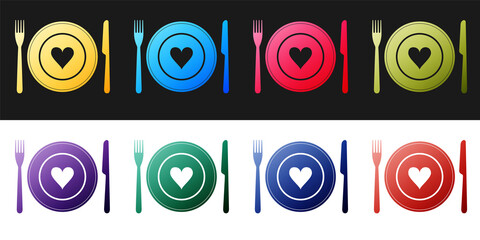 Set Heart on plate, fork and knife icon isolated on black and white background. Happy Valentine's day. Vector.