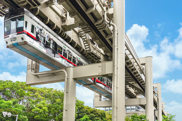 World's longest suspended monorail system of the two-line Chiba urban monorail hanging under large...
