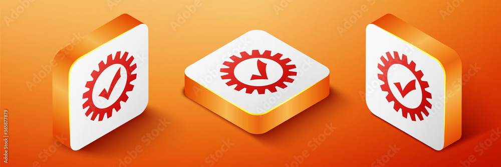 Poster isometric gear with check mark icon isolated on orange background. cogwheel simple icon. approved se