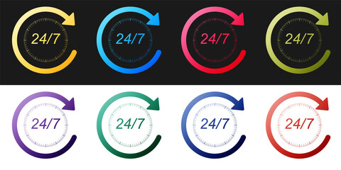 Obraz premium Set Open 24 hours a day and 7 days a week icon isolated on black and white background. All day cyclic icon. Vector.