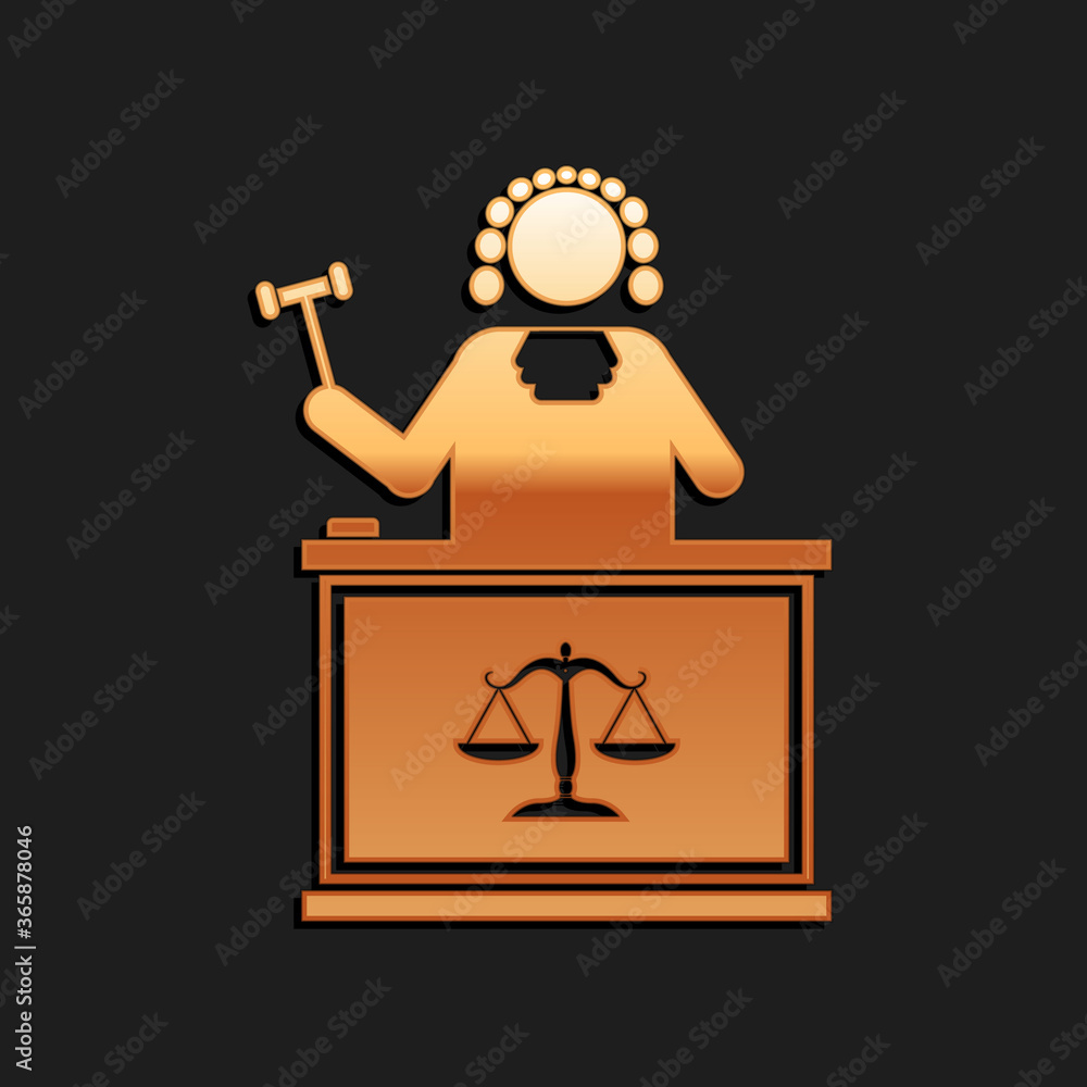 Aufkleber gold judge with gavel on table icon isolated on black background. long shadow style. vector.